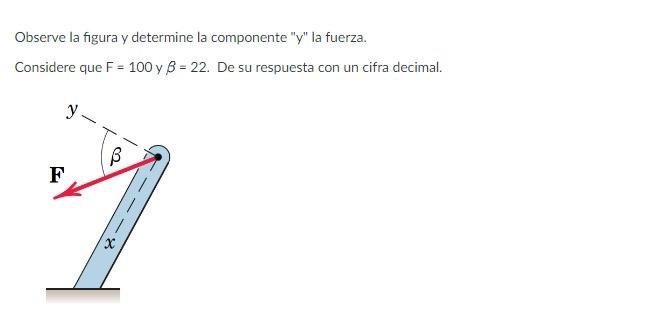 Observe la figura y determine la componente y la fuerza. Considere que \( \mathrm{F}=100 \) y \( \beta=22 \). De su respues