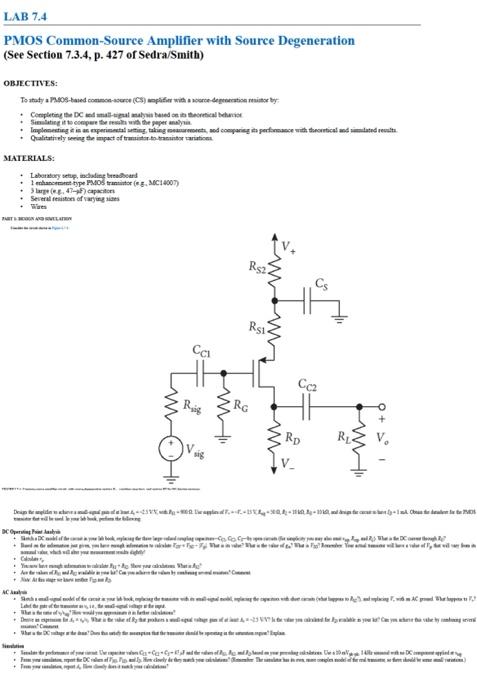 Solved LAB 7.4 PMOS Common-Source Amplifier with Source | Chegg.com