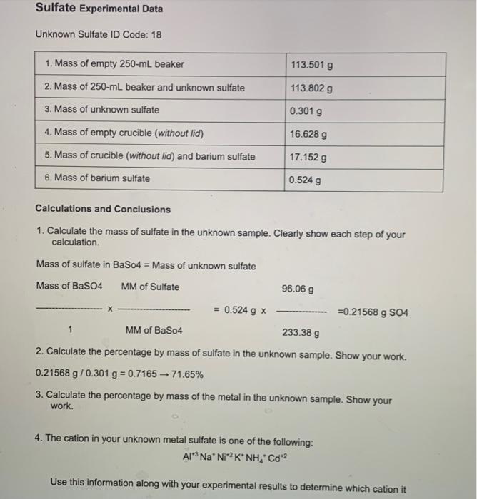 Solved Calculations and Conclusions 1. Calculate the mass of