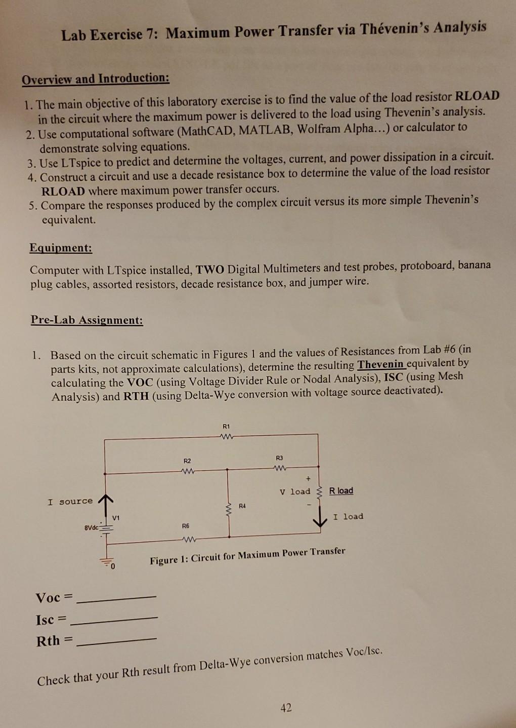 Solved Lab Exercise 7: Maximum Power Transfer via Thévenin's | Chegg.com