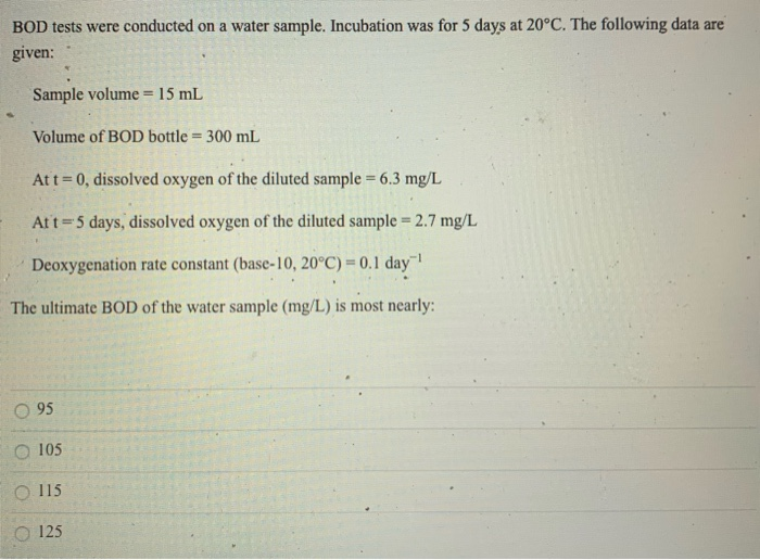 Solved BOD tests were conducted on a water sample.