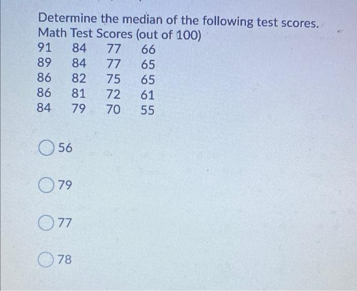 Solved Determine the median of the following test scores. | Chegg.com