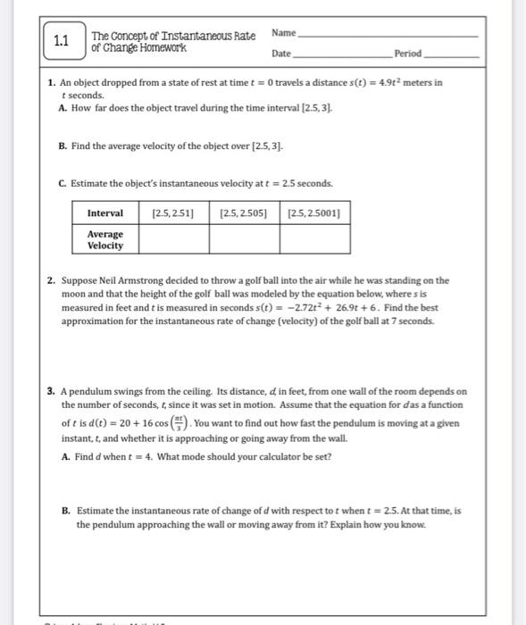 rate of change homework answers