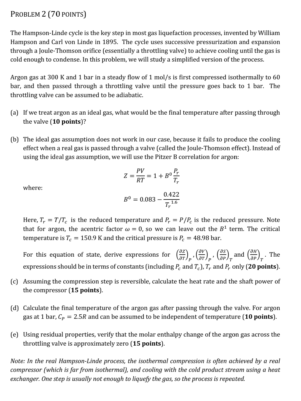 Solved PROBLEM 2 (70 ﻿POINTS)The Hampson-Linde cycle is the | Chegg.com