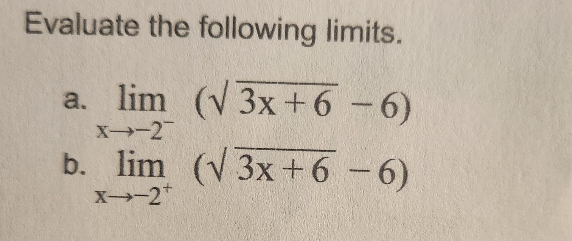 Solved Evaluate the following limits. a. limx→−2−(3x+6−6) b. | Chegg.com