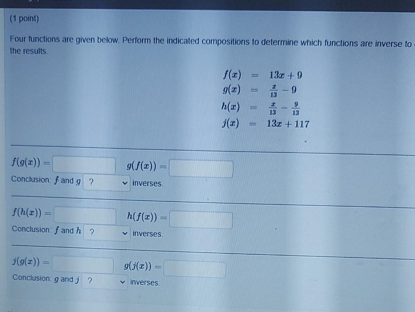 Solved f(x)=x+1 and g(x)=x+11f(x)=2x−3x(1 point) Four | Chegg.com