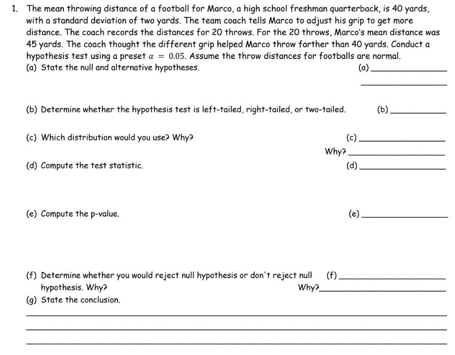 Solved 1. The mean throwing distance of a football for
