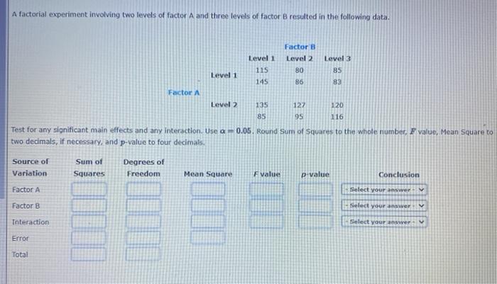 Solved A factorial experiment involving two levels of factor | Chegg.com