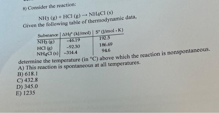 Solved 8) Consider the reaction: NH3( g)+HCl(g)→NH4Cl(s) | Chegg.com