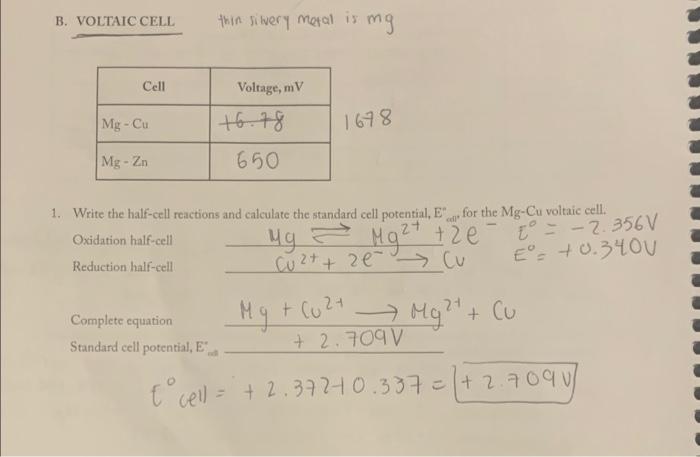 Solved B. VOLTAIC CELL Then I Wery Moral Is Mg Cell Voltage, | Chegg.com