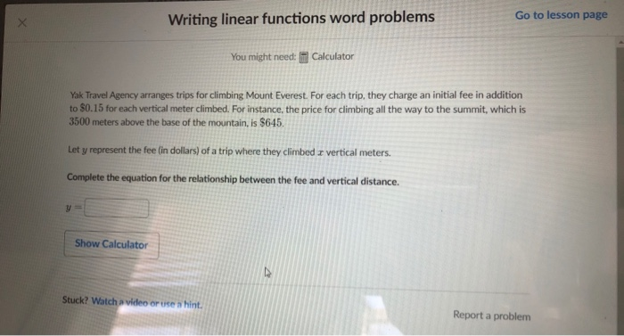 Writing Linear Functions Word Problems Go To Lesson Chegg 