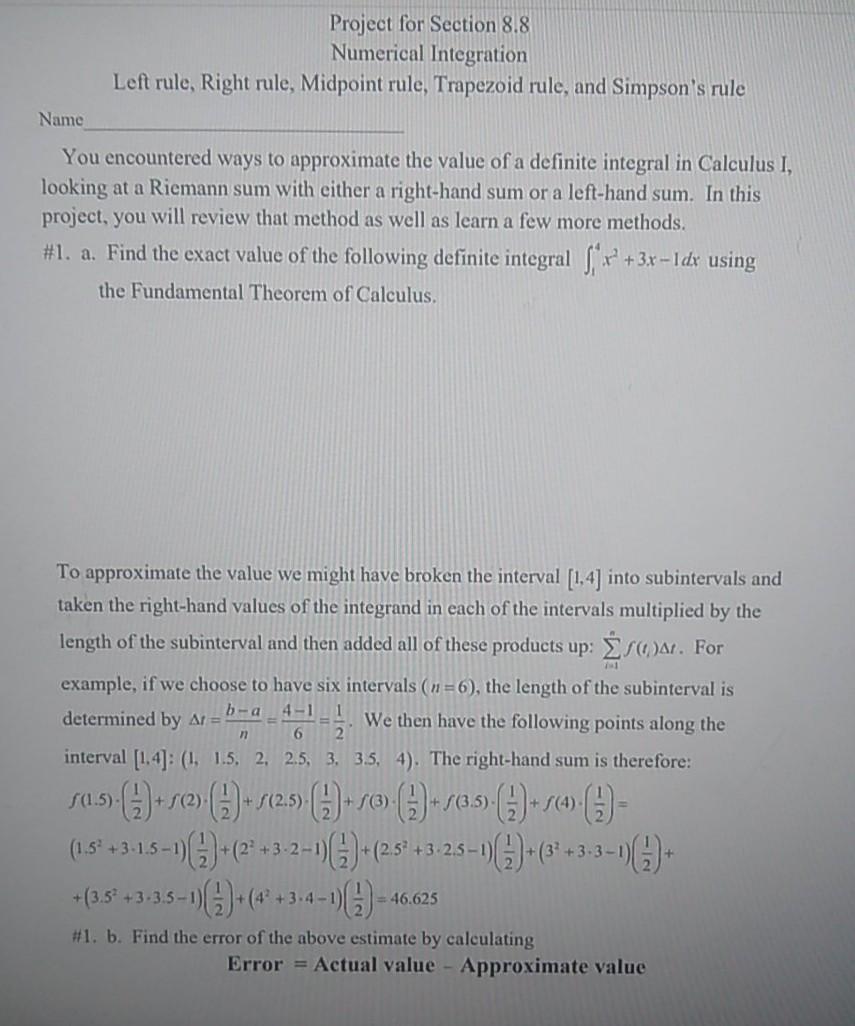 Solved Project for Section 8.8 Numerical Integration Left | Chegg.com