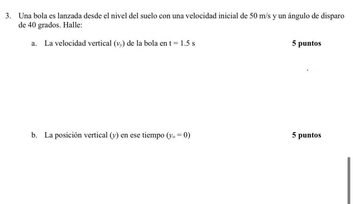 Una bola es lanzada desde el nivel del suelo con una velocidad inicial de \( 50 \mathrm{~m} / \mathrm{s} \) y un ángulo de di