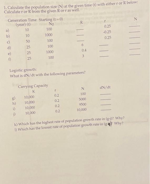 Solved 1. Calculate the population size (N) at the given | Chegg.com