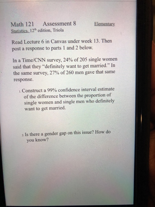 Solved Elementary Math 121 Assessment 8 Statistics, 12th | Chegg.com