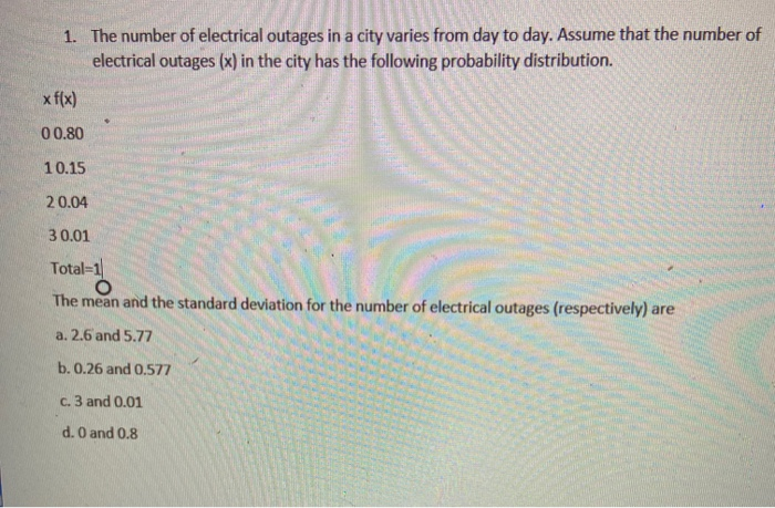 Solved 1. The number of electrical outages in a city varies | Chegg.com