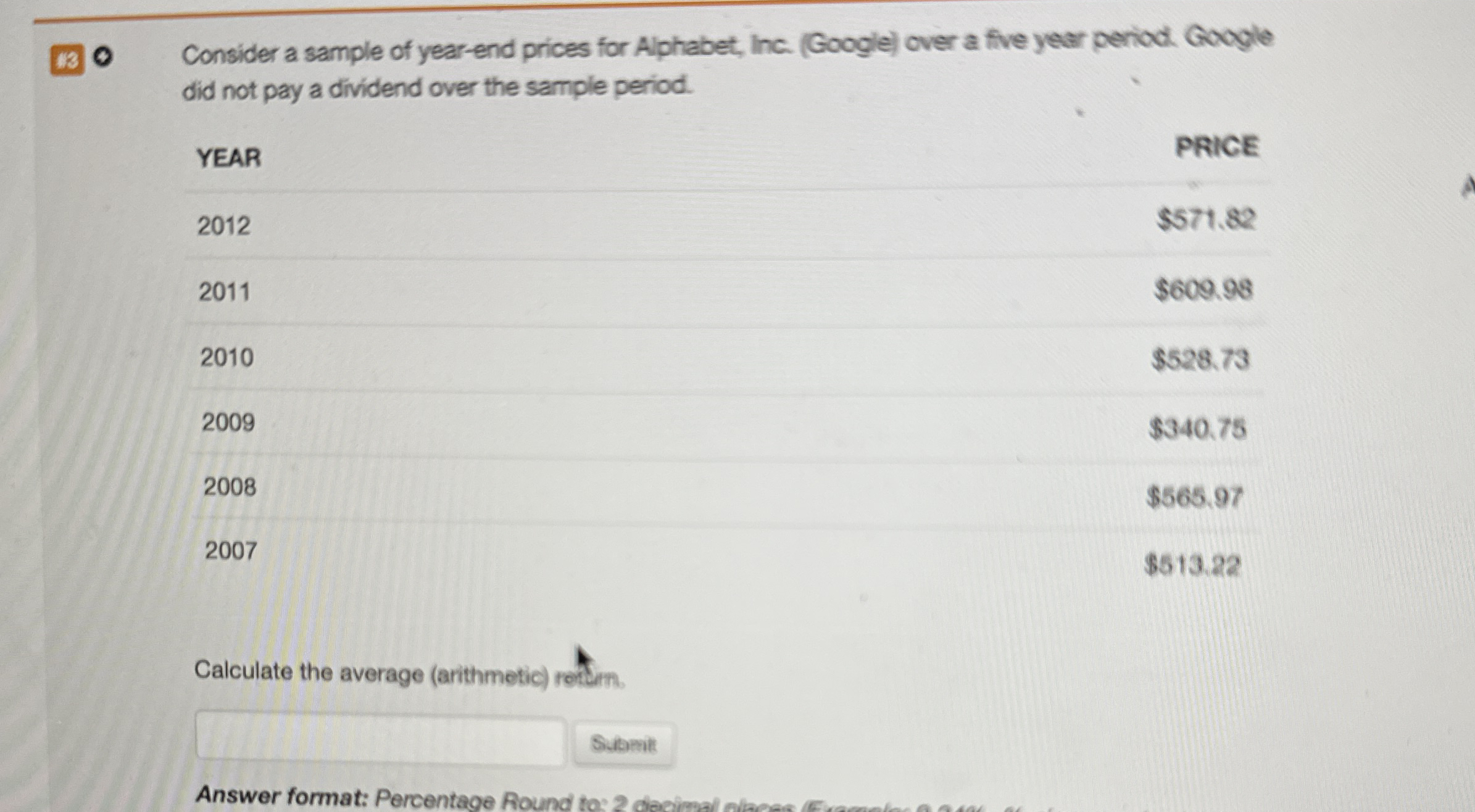 Consider a sample of yearend prices for Alphabet,