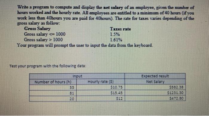 Solved Write a program to compute and display the net salary | Chegg.com