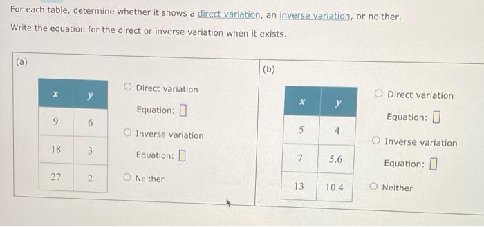 Solved For each table, determine whether it shows a direct | Chegg.com