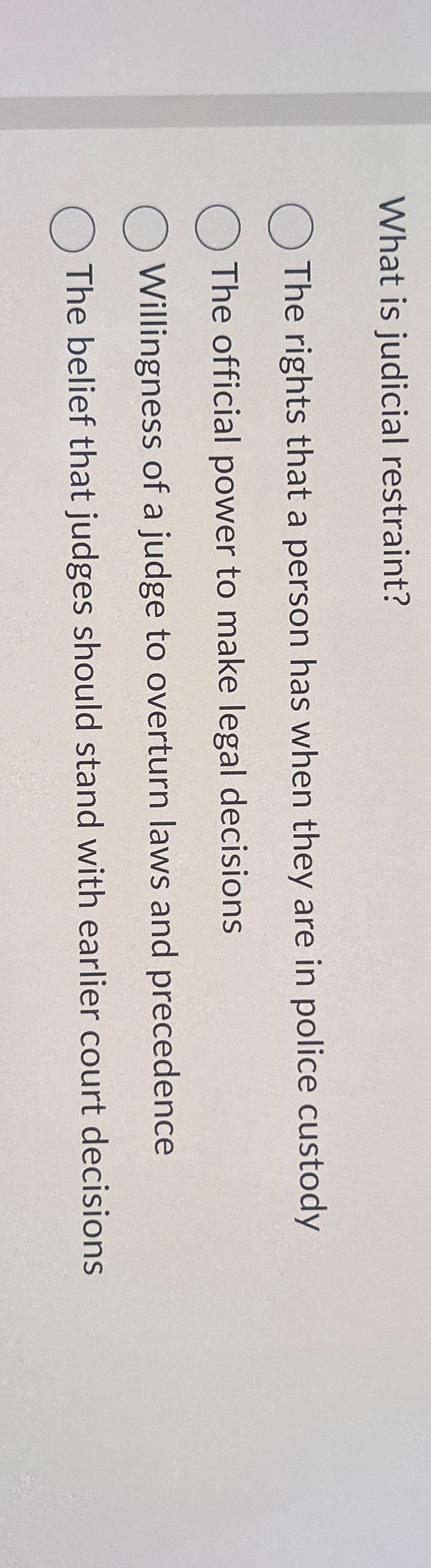 What is judicial restraint?The rights that a person