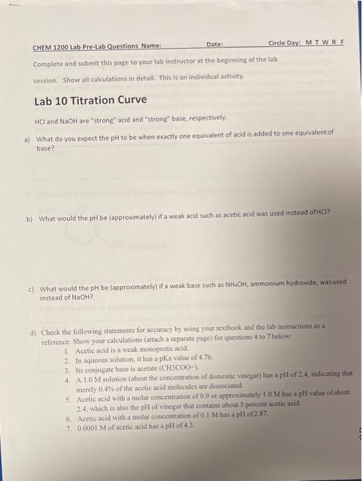 Solved CHEM 1200 Lab Pre-Lab Questions Name: Date: Circle | Chegg.com