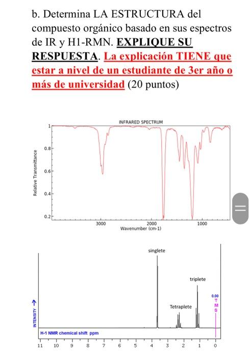 b. Determina LA ESTRUCTURA del compuesto orgánico basado en sus espectros de IR y H1-RMN. EXPLIQUE SU RESPUESTA. La explicaci