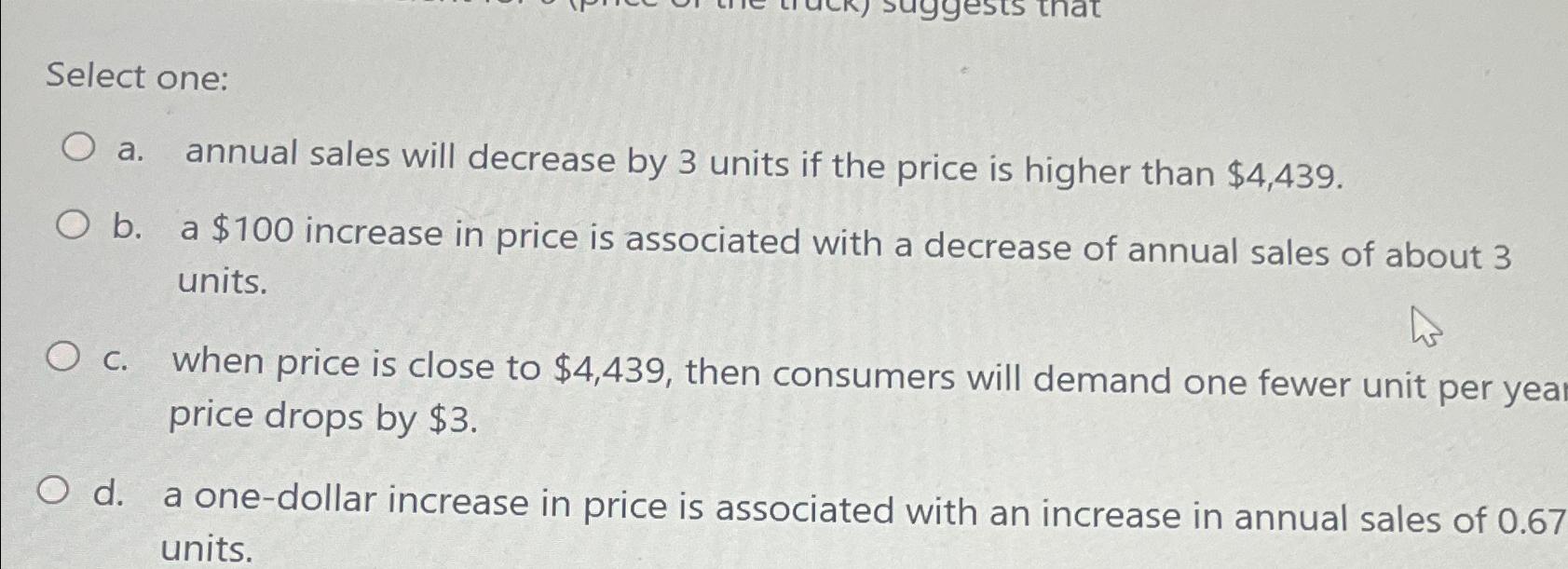 Solved Select one:a. ﻿annual sales will decrease by 3 ﻿units | Chegg.com