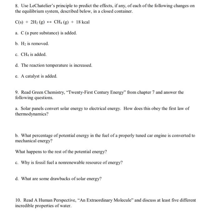 Solved 8. Use LeChatelier's principle to predict the | Chegg.com