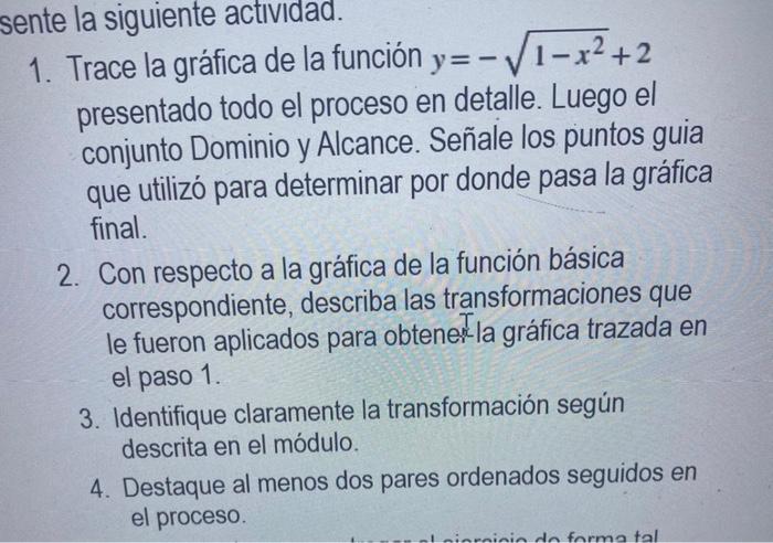 sente la siguiente actividad. 1. Trace la gráfica de la función y = -√√1-x² +2 presentado todo el proceso en detalle. Luego e