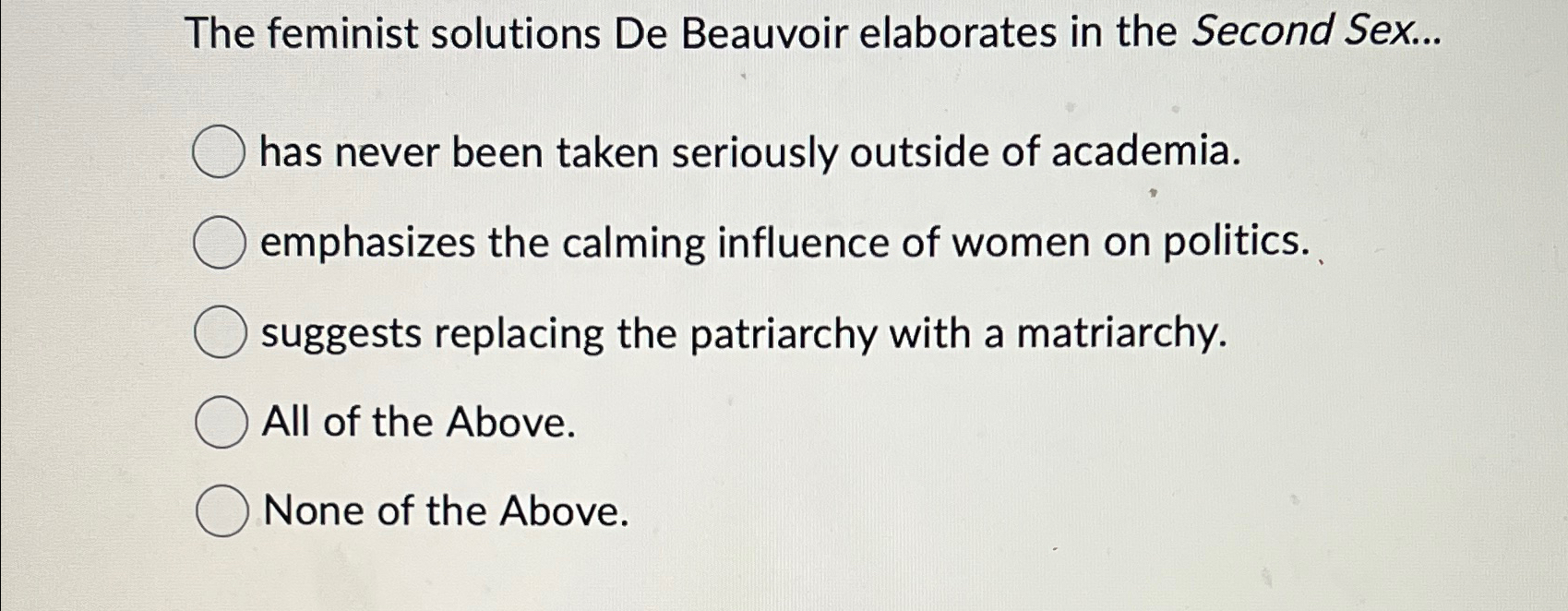 Solved The feminist solutions De Beauvoir elaborates in the | Chegg.com