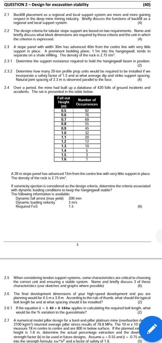 QUESTION 2 - Design for excavation stability (40) 2.1 | Chegg.com