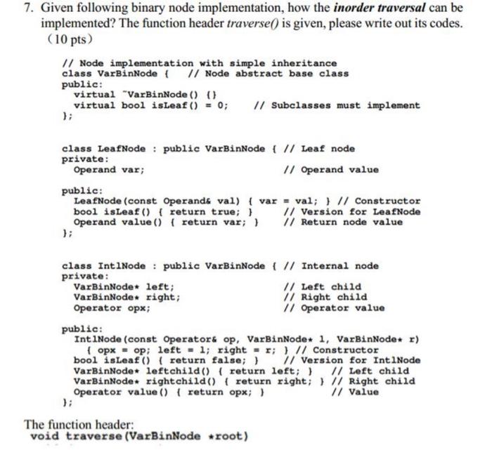 Solved 7. Given following binary node implementation, how | Chegg.com