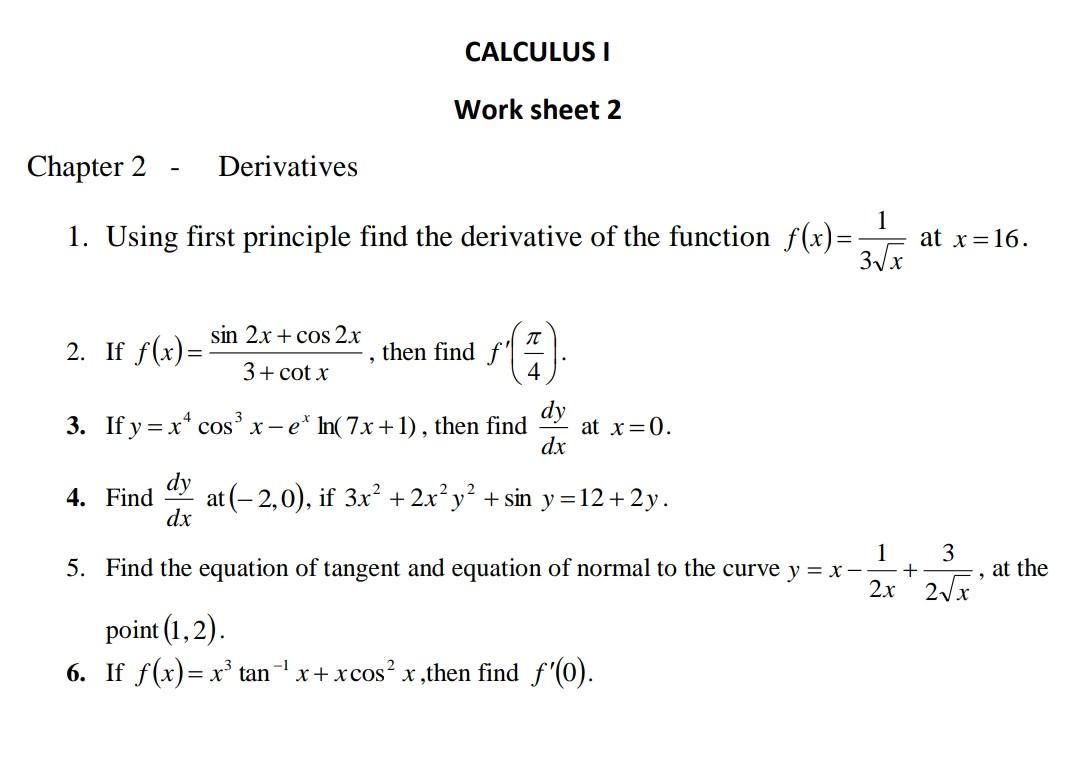 Solved Calculusi Work Sheet 2 Chapter 2 Derivatives 1 1 Chegg Com