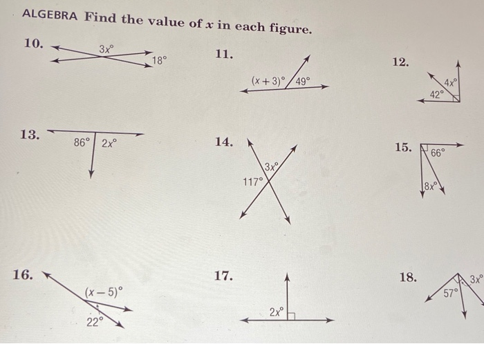 Solved Algebra Find The Value Of X In Each Figure 10 Chegg Com