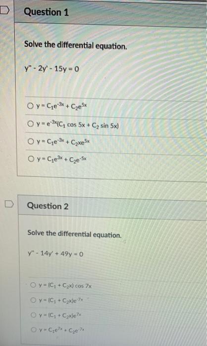 Solved D Question 1 Solve the differential equation. y" - | Chegg.com