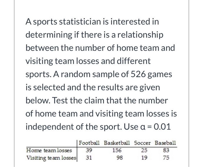 Solved A sports statistician is interested in determining if