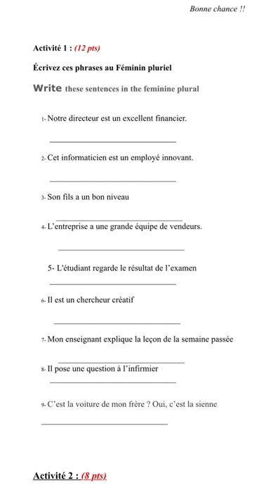 Bonne Chance Activite 1 12 Pts Ecrivez Ces Chegg Com