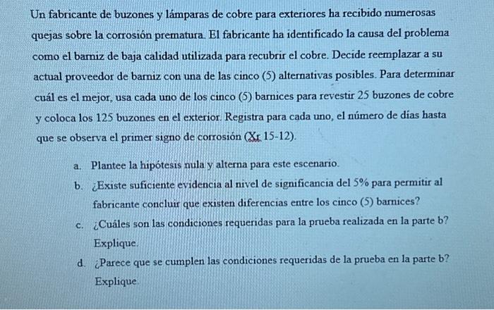 Un fabricante de buzones y lámparas de cobre para exteriores ha recibido numerosas quejas sobre la corrosión prematura. El fa