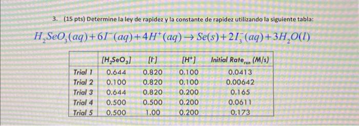 3. (15 pts) Determine la ley de rapidez y la constante de rapidez utilizando la siguiente tabla: \[ \mathrm{H}_{2} \mathrm{Se