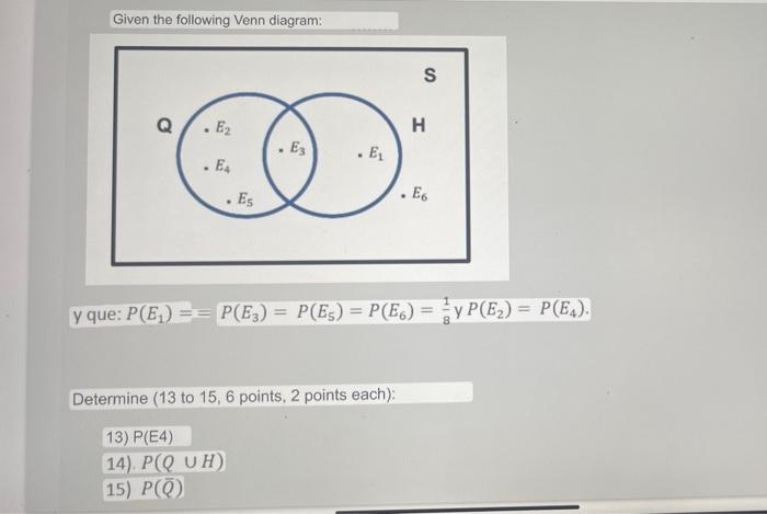 Given the following Venn diagram: S E2 H . Es . Ez . . Es E6 . y que: P(E) == P(Ex) = P(Es) = P(E) = P(E2) = P(Ex). Determine