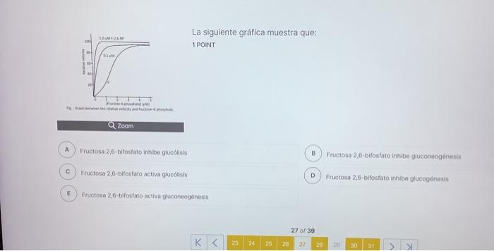 La siguiente gráfica muestra que: 1 POINT zoom Fructota 2,6 -bitostato inhbe glucolisis Fructosa 2,6-bifosfato activa glucdis