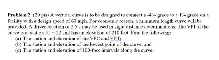 Solved Problem 2. (20 pts) A vertical curve is to be | Chegg.com