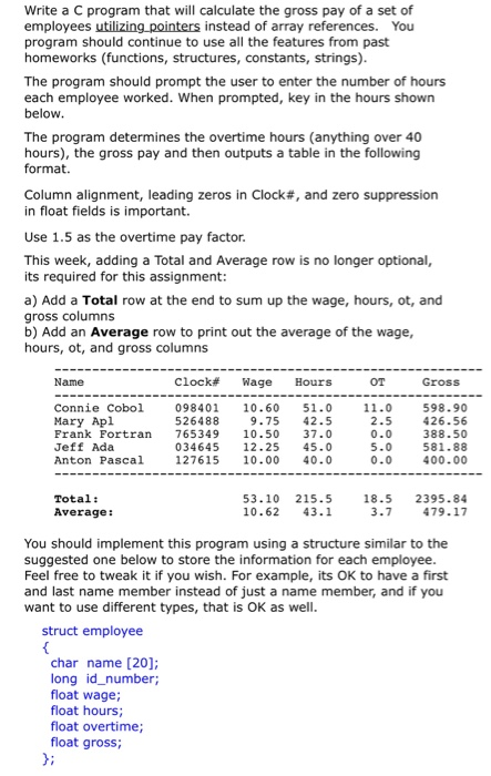 Solved Write a C program that will calculate the gross pay | Chegg.com