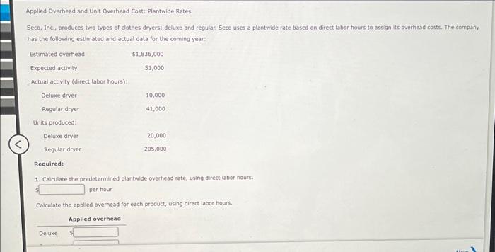 Applied Overhead and Unit Overhead Cost: Plantwide Rates
Seco, Inc. produces two types of elothes dryers: deluxe and regular.