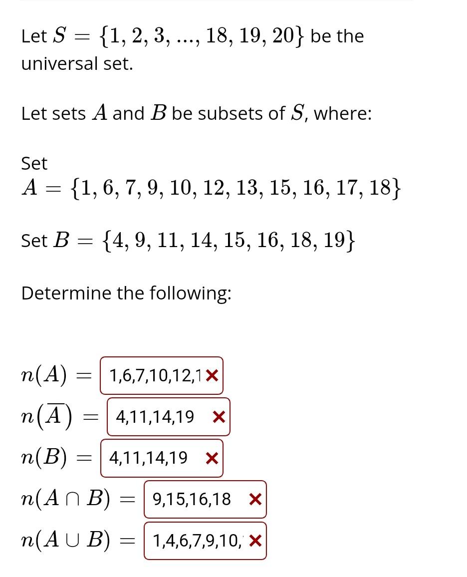 Solved Let S={1,2,3,…,18,19,20} be the universal set. Let | Chegg.com