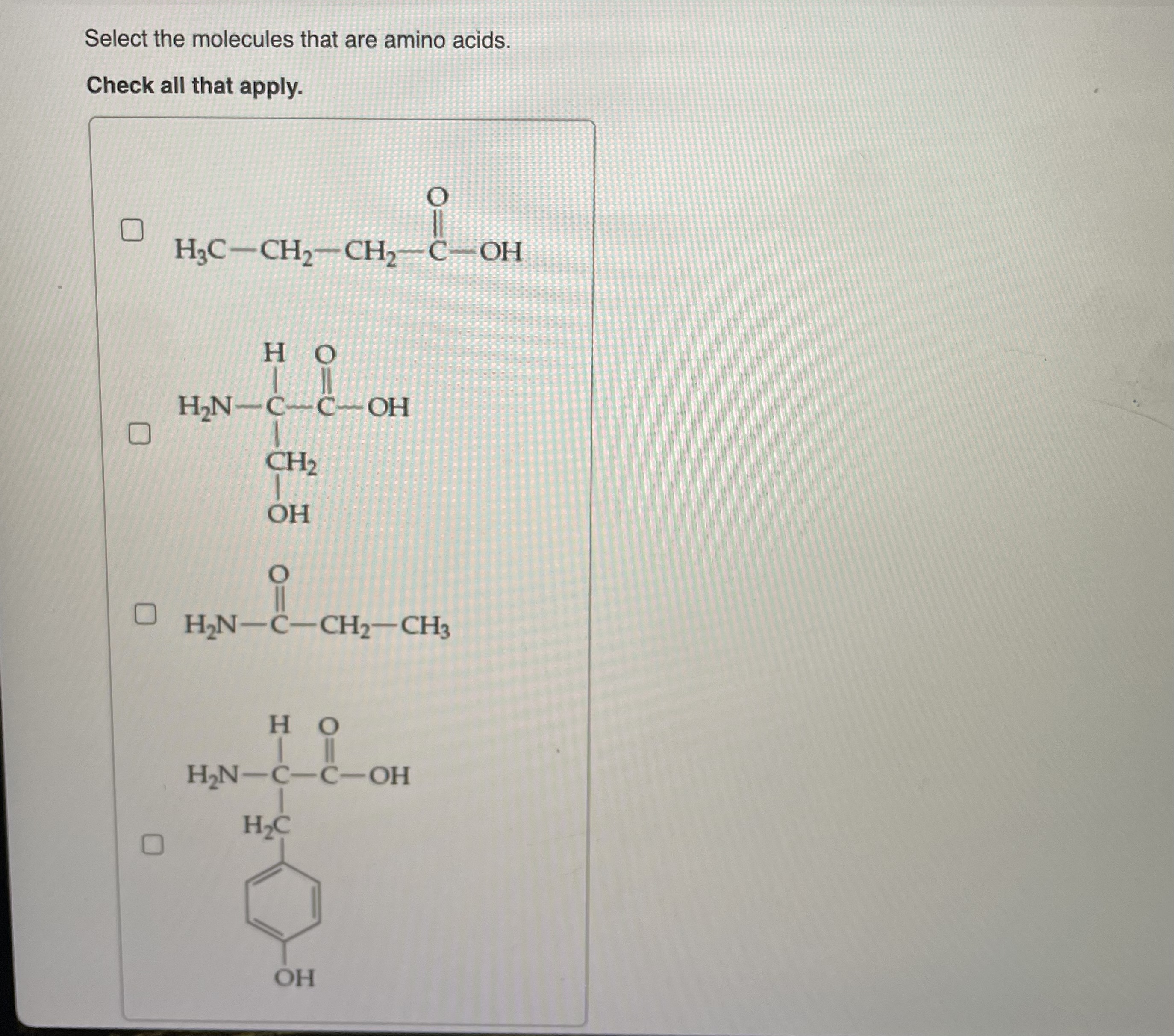 Solved Select the molecules that are amino acids.Check all | Chegg.com