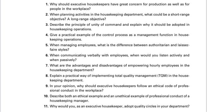 Solved 1. Why should executive housekeepers have great | Chegg.com