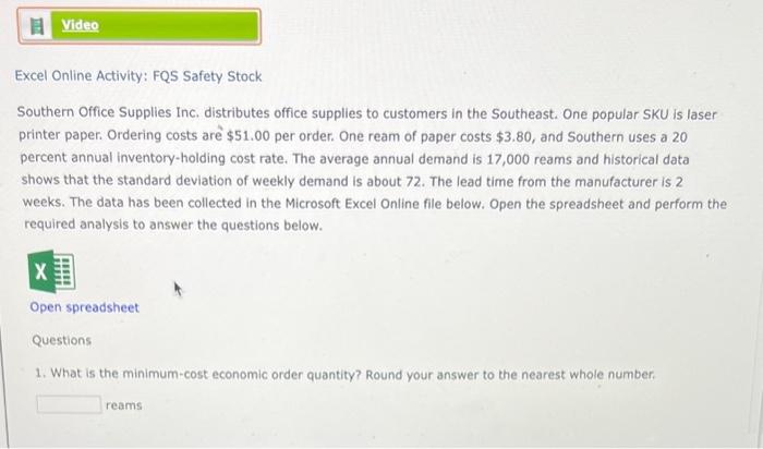 Solved Excel Online Activity: FQS Safety Stock Southern | Chegg.com