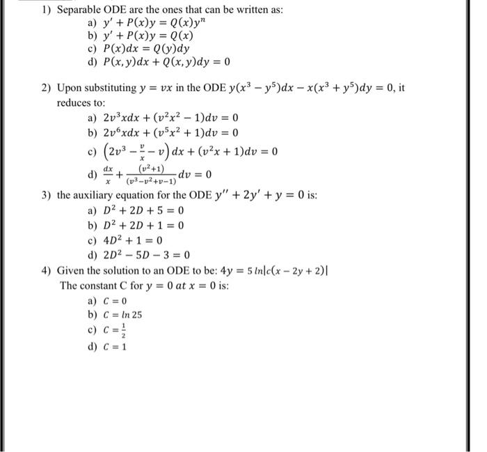 Solved dx 1) Separable ODE are the ones that can be written | Chegg.com