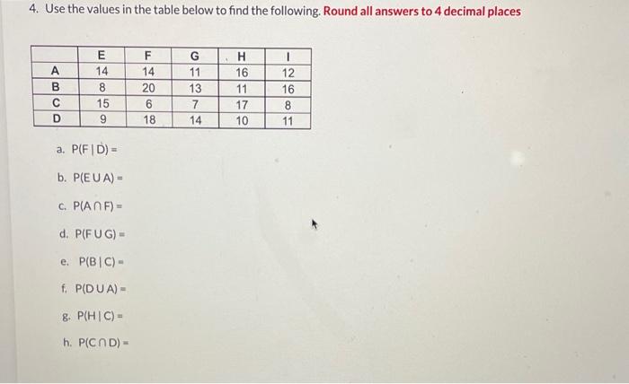 Solved 4. Use the values in the table below to find the | Chegg.com